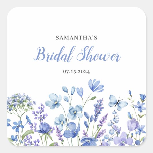 Blue Floral Wildblume Brautparty Quadratischer Aufkleber (Vorderseite)