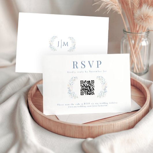 Blue Floral Wildblume Wedding RSVP QR Code Cards