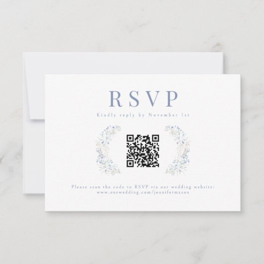 Blue Floral Wildblume Wedding RSVP QR Code Cards (Vorderseite)