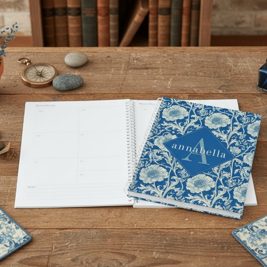Blue Floral William Morris Elegant Monogram Planer