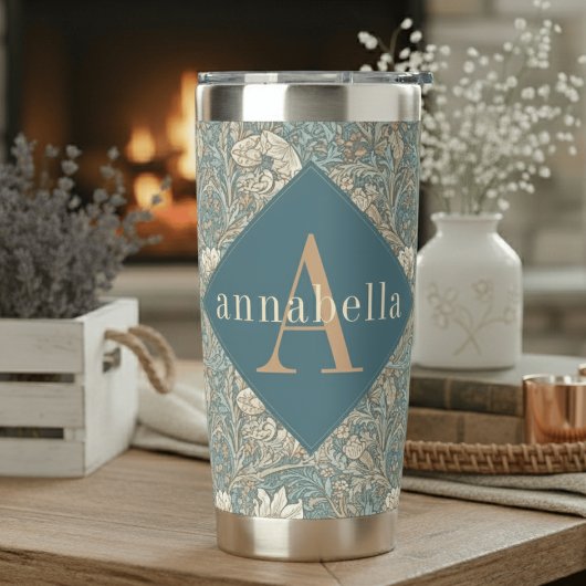 Blue Floral William Morris Elegant Monogram Thermobecher