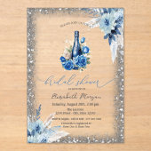 Blue Floral Wine Flasche Glitzer Frame Baby Dusche Acryleinladungen (Vorderseite)