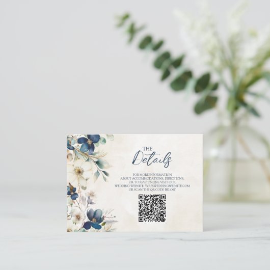 Blue Floral Winter Wedding QR code Details Insert (Stehend Vorderseite)