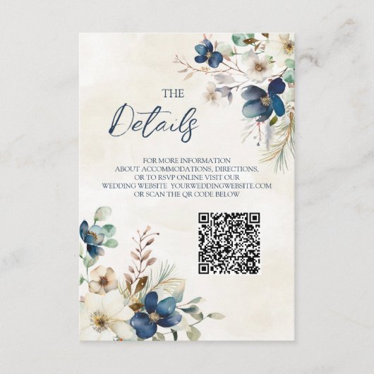 Blue Floral Winter Wedding QR code Details Insert (Vorderseite)