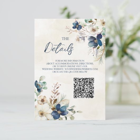Blue Floral Winter Wedding QR code Details Insert (Stehend Vorderseite)