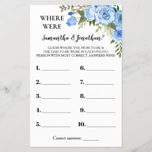 Blue Floral Wo waren sie Baby Dusche Spielkarte Flyer