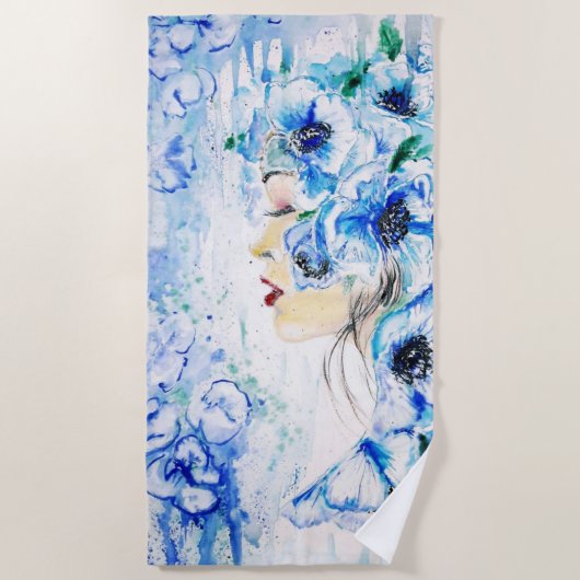 Blue Floral Woman Fantasy Beach Handtuch - Malerei (Vorderseite)