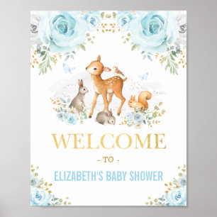 Blue Floral Woodland Animals Kinderdusche Willkomm Poster