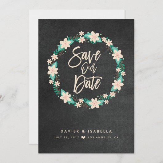 Blue Floral Wreath Ankündigung Datum freihalten (Vorne/Hinten)