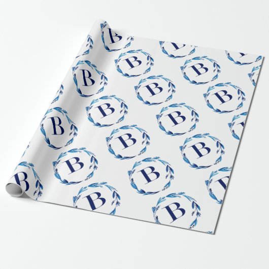 Blue Floral Wreath 'B' Geschenkpapier (Ungerollt)