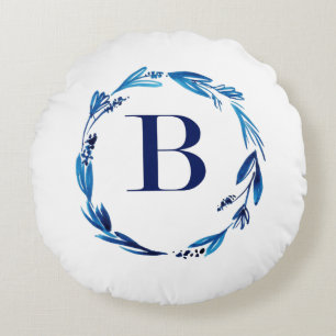 Blue Floral Wreath 'B' Rundes Kissen