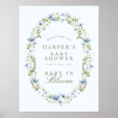 Blue Floral Wreath Baby in Bloom Baby Dusche Schil Poster (Vorne)