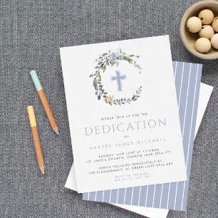 Blue Floral Wreath & Cross Baby Dedication Einladung