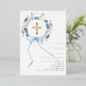 Blue floral wreath cross bow boy baptism silver folieneinladung (Stehend vorne)