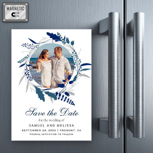 Blue Floral Wreath Foto Wedding Save the Date Magneteinladung