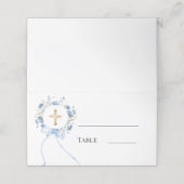 Blue floral wreath gold cross bow ribbon boy platzkarte (Außenseite Aufgefaltet)