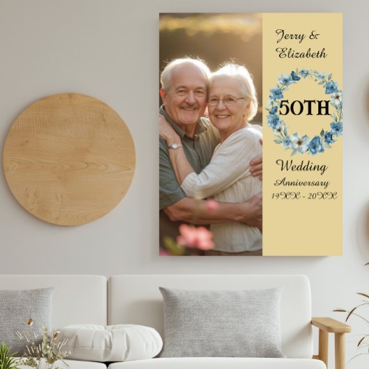 Blue Floral wreath golden year wedding anniversary Fotoplatte