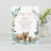 Blue Floral Wreath Highland Cow Baby Dusche Einladung (Stehend Vorderseite)