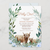 Blue Floral Wreath Highland Cow Baby Dusche Einladung (Vorne/Hinten)