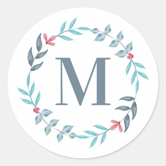 Blue Floral Wreath Initial Runder Aufkleber (Vorderseite)