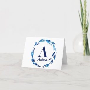 Blue Floral Wreath Monogram 'A' Dankeskarte