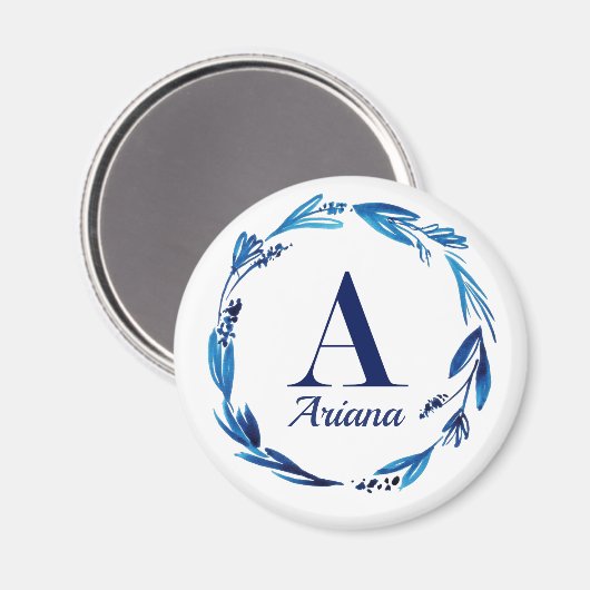 Blue Floral Wreath Monogram 'A' Magnet (Vorderseite/Rückseite)