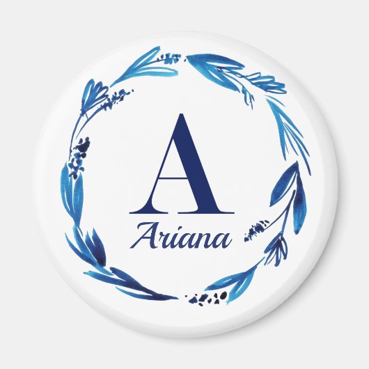 Blue Floral Wreath Monogram 'A' Magnet (Vorne)