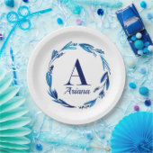 Blue Floral Wreath Monogram 'A' Pappteller (Party)