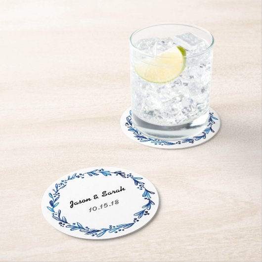 Blue Floral Wreath Runder Pappuntersetzer (Vor Ort)