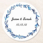 Blue Floral Wreath Runder Pappuntersetzer (Vorderseite)