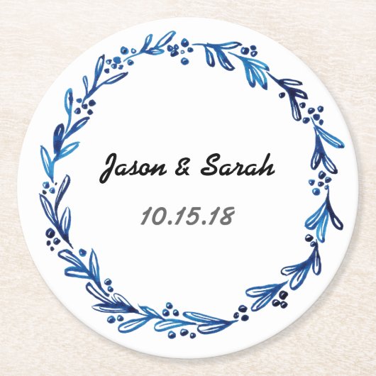 Blue Floral Wreath Runder Pappuntersetzer (Vorderseite)