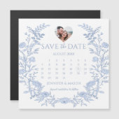 Blue Floral Wreath Save the Date Foto Magnet (Vorne/Hinten)
