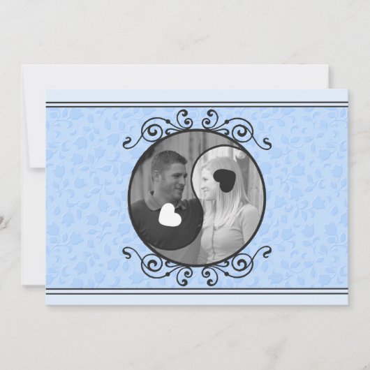 Blue Floral Yin & Yang Foto Hochzeit Einladung (Vorderseite)