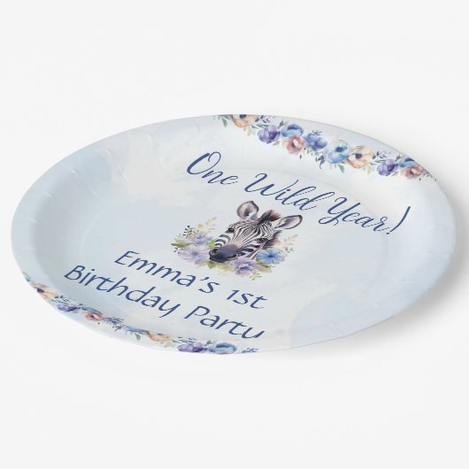 Blue Floral Zebra Birthday Pappteller (Schrägansicht)