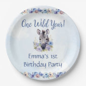 Blue Floral Zebra Birthday Pappteller (Vorderseite)