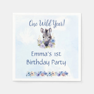 Blue Floral Zebra Birthday Serviette