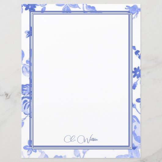 Blue Florals auf dem White Personalisiert Paper Sh (Vorderseite)