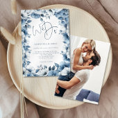 Blue Florals Border Wir machen Script Foto Hochzei Einladung