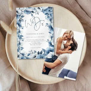 Blue Florals Border Wir machen Script Foto Hochzei Einladung