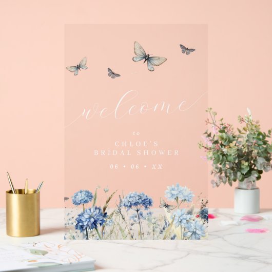 Blue Florals & Butterfys Brautparty Willkommen Acrylschild (Hochzeit)
