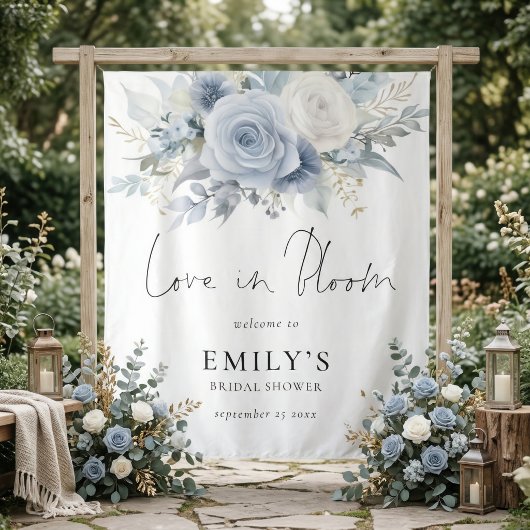 Blue Florals Fabric Welcome Bridal Shower Backdrop Wandteppich