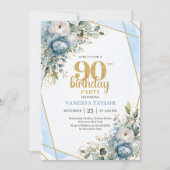 Blue Florals Gold Border 90th Birthday Invitation Einladung (Vorderseite)