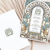 Blue Florals & Golden Accessoires Jugendstil Hochz Einladung