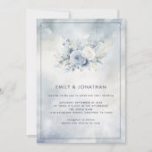 Blue Florals Gray Watercolor Wash QR Code Wedding Einladung (Vorderseite)