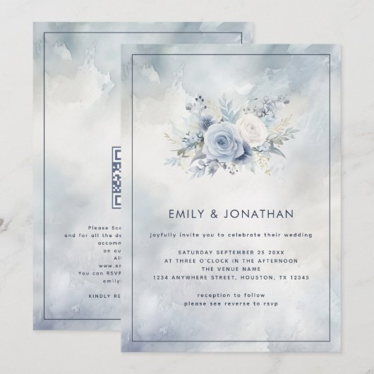 Blue Florals Gray Watercolor Wash QR Code Wedding Einladung (Vorne/Hinten)