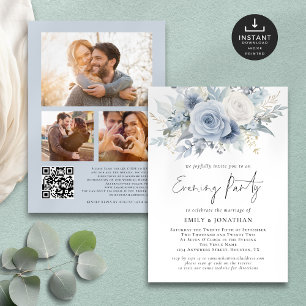 Blue Florals QR 3 Fotos Wedding Abend Party Einladung
