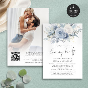 Blue Florals QR Foto Wedding Abend Party Einladung