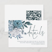 Blue Florals Script QR Code Wedding Details Begleitkarte (Vorne/Hinten)