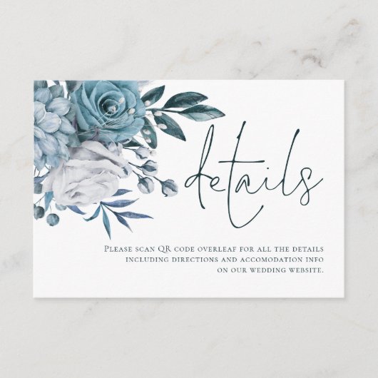 Blue Florals Script QR Code Wedding Details Begleitkarte (Vorderseite)