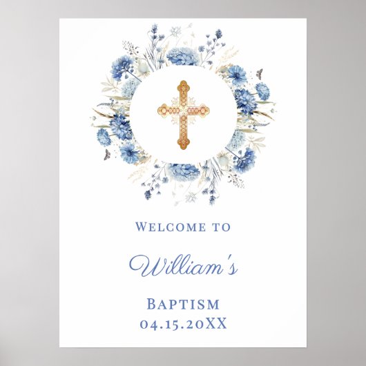 Blue florals wreath boy Baptism welcome Poster (Vorne)